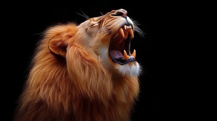 Naklejka premium Lion roaring against a black background in a stock photo.