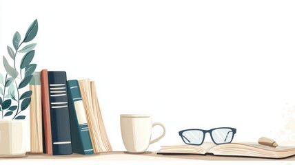 Fototapeta premium A cozy workspace featuring books, a cup, glasses, and a plant, ideal for reading and relaxation.