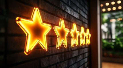 A row of vibrant, glowing golden stars brightens up a dark brick wall, creating a warm ambience with a modern, artistic feel that attracts focus and admiration.