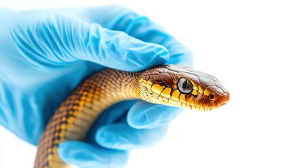 Obraz premium A close-up of a person holding a snake with a gloved hand, showcasing the snake's detailed scales and vibrant colors.