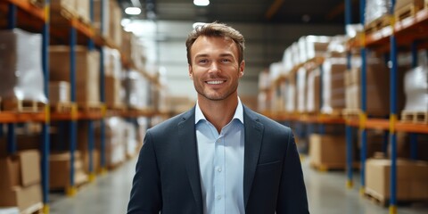 Obraz premium Confident Businessman Smiling in a Warehouse Environment