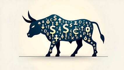 Obraz premium Bull Market Icon A stylized, abstract bull shape composed of geometric financial symbols and arrows, representing bullish trends and prosperous markets.