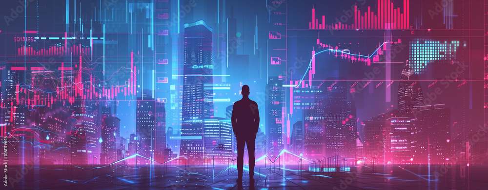 Aufkleber a lone figure stands in a futuristic cityscape, illuminated by neon lights and data streams