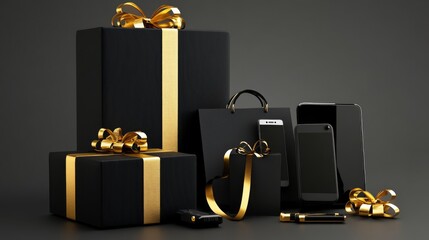 A luxurious arrangement of black gift boxes with gold bows, alongside smartphones and a smartwatch, showcasing elegance and modern technology in a sophisticated display.