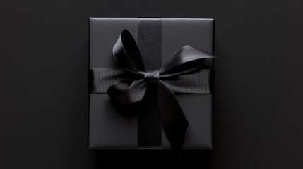 A sophisticated black gift box tied with a smooth satin ribbon, placed against a matching black background, capturing a sense of luxury and elegance in minimalist style.