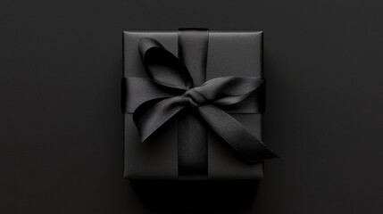 A sophisticated black gift box wrapped with a smooth black ribbon, set against a dark backdrop, ideal for luxury and elegance themes in stock photography.