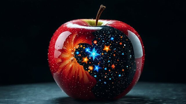 Apple with Star-Filled Galaxy Inside, seamless looping 4k animation video background	