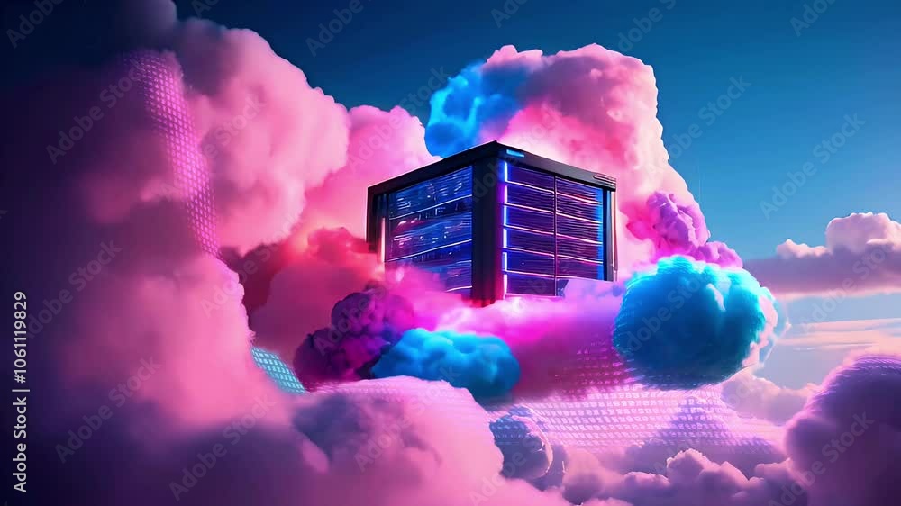 Poster a server rack sits atop colorful clouds against a blue sky, representing cloud computing.