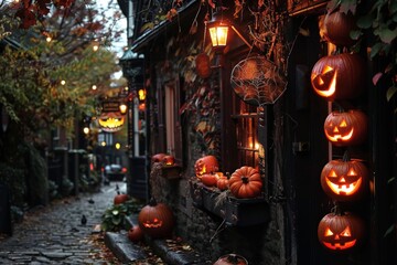 Cozy cobblestone street adorned with carved pumpkins and glowing lanterns, surrounded by autumn leaves, creating a warm, enchanting Halloween atmosphere.