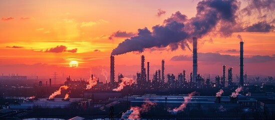 Dramatic industrial cityscape panorama at sunset with smoking chimneys and power plant towers emitting pollution into the cloudy sky  Concept of environmental issues energy production