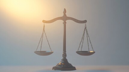 A traditional balance scale is beautifully illuminated by soft, glowing light, portraying themes of justice and equilibrium in a serene setting.