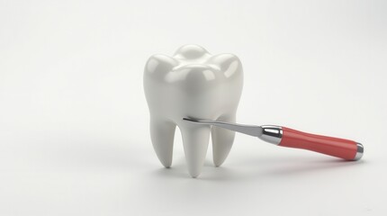 Tooth with Dental Tool Isolated on White Background Dental Care and Health Concept