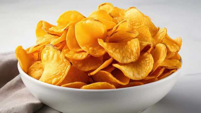 Golden fried crispy potato chips in a snack plate