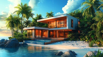 Obraz premium A modern villa on a sandy beach surrounded by palm trees, offering a serene tropical getaway.
