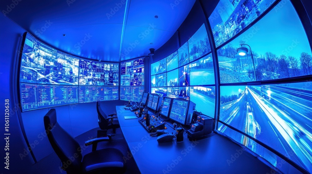 Poster futuristic control room with multiple screens and displays