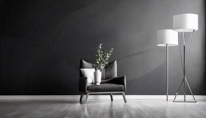 Cozy living room interior with elegant gray sofa and empty walls