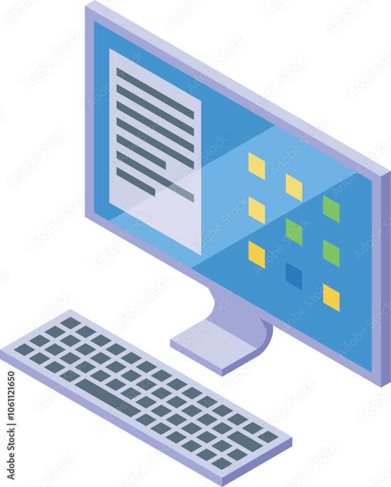 Poster desktop computer displaying document and colorful icons on blue screen, with keyboard ready for inpu