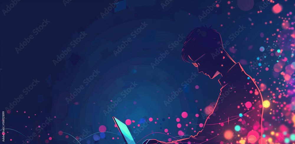 Poster a silhouette of a person using a laptop in front of a blue background with colorful lights