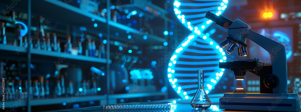 Poster A microscope sits on a table in a lab, with a DNA helix glowing in the background