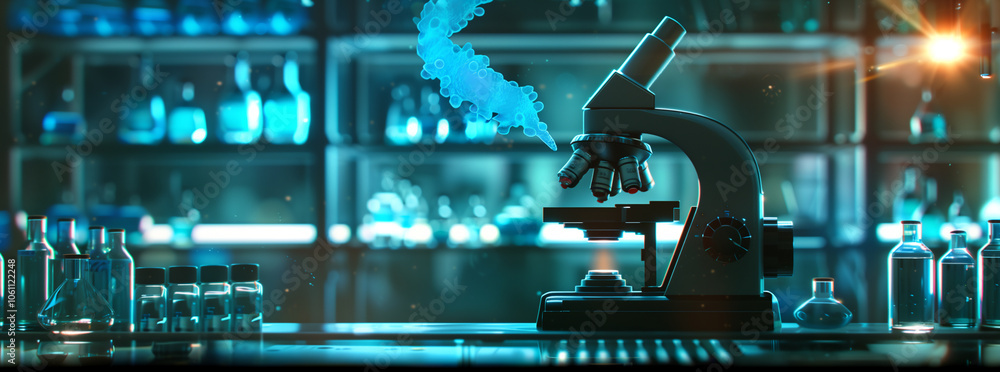 Poster A microscope sits on a countertop in a laboratory, with beakers and other lab equipment in the background
