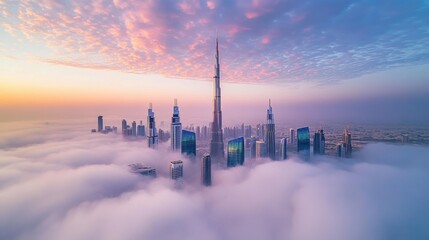 Majestic Dubai Skyline Above the Clouds at Sunset