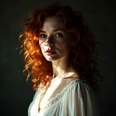 A red-haired woman with green eyes with freckles, looking seriously