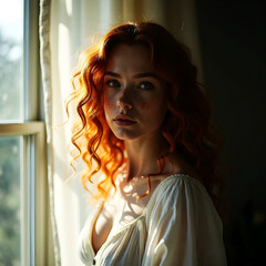A red-haired woman with green eyes with freckles, looking seriously
