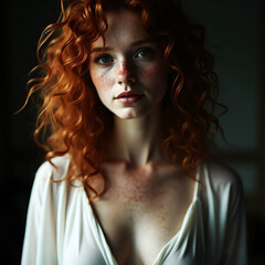 A red-haired woman with green eyes with freckles, looking seriously