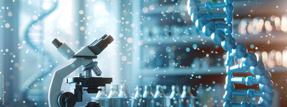 Poster a microscope sits in front of a blue dna model, showing the tools used in genetic research