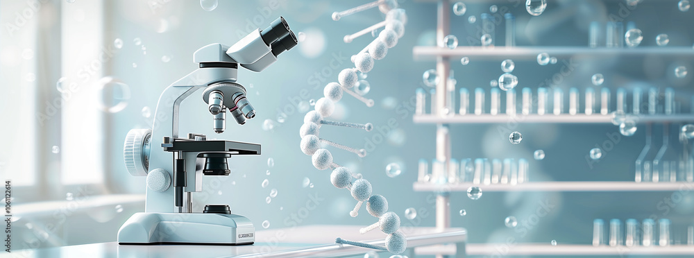 Poster A microscope sits on a table in a lab, with DNA strands floating in the air