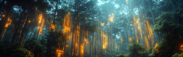 Fototapeta premium AI-enhanced jungle, with glowing data streams flowing through the trees