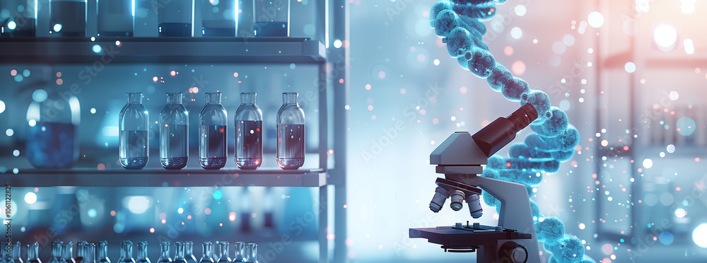 Poster A microscope is positioned in front of a DNA strand with blurred shelves of lab equipment in the background
