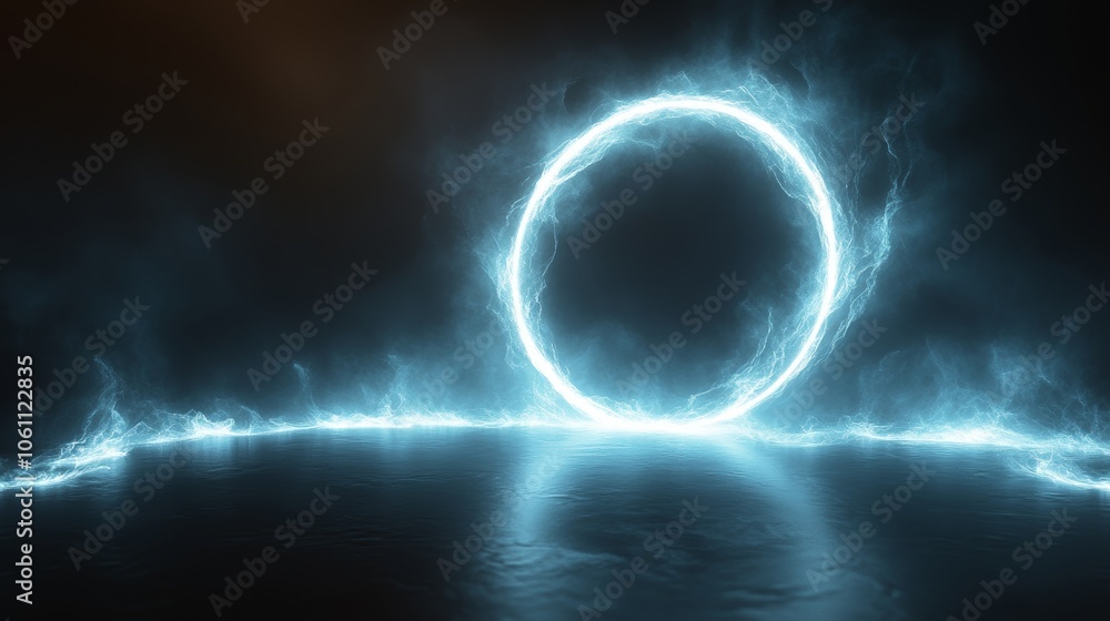Poster conceptual modern technology science music abstract circle round frame by lines wavy flowing blue gr