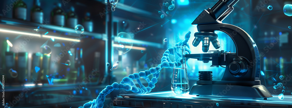 Poster A microscope and DNA strand are illuminated in a science laboratory