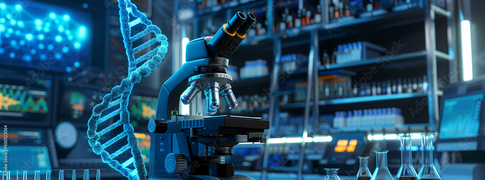 Poster a blue digital model of dna stands near a microscope in a laboratory