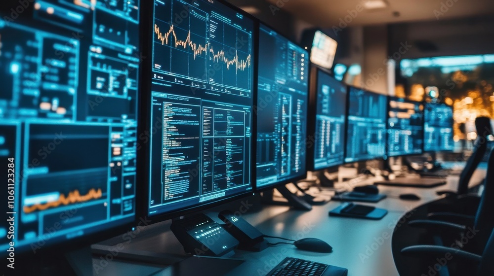 Poster finance and trading data analytics dashboard in futuristic control room