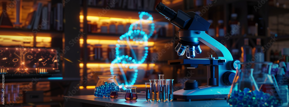 Poster A microscope sits on a table in a lab, with a DNA double helix glowing in the background