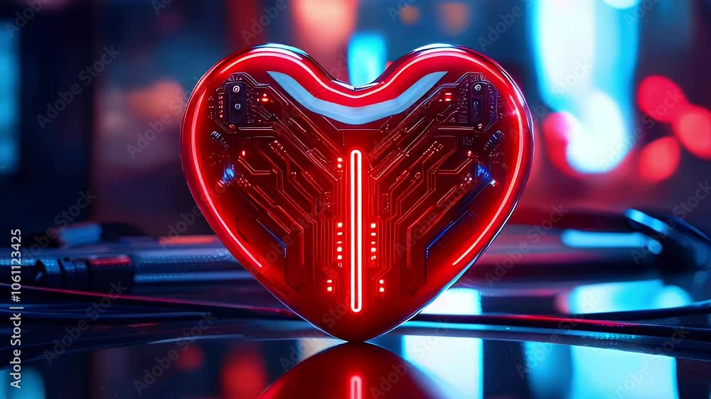 Poster red heart shape with circuit board design and neon light, futuristic concept.