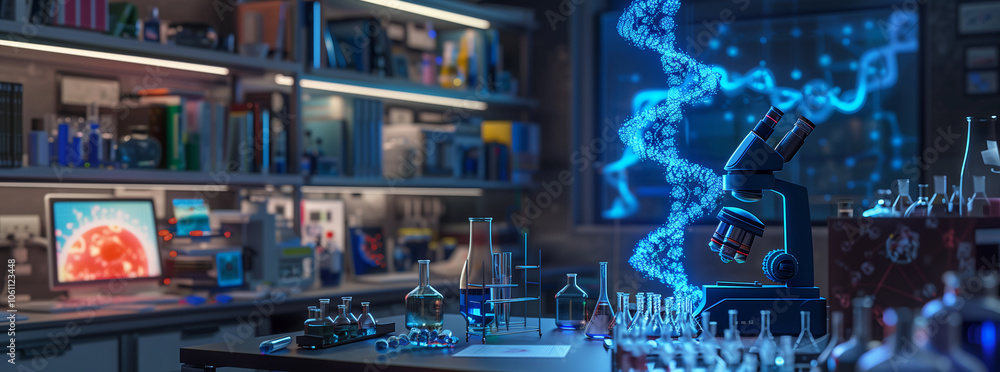 Poster A microscope sits on a table in a lab, with a glowing DNA strand visible behind it