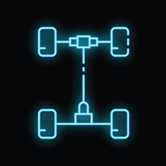 Obraz premium Neon blue glowing chassis with wheels on a black background, great for automotive industry designs