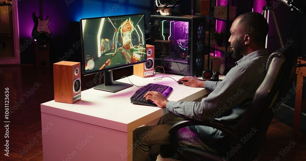 Poster man having fun by playing videogames on gaming pc at computer desk, enjoying day off from work. game