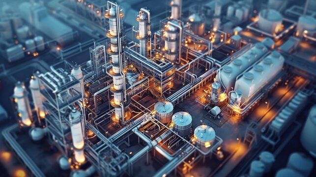 Futuristic rendering of a large industrial petrochemical plant complex at night with glowing pipelines towers and other equipment illuminated against a dark urban cityscape