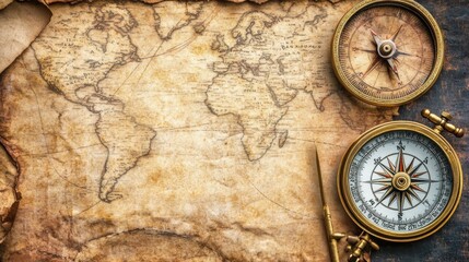 Vintage Compass and Antique Map on Wooden Background