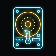 Bright neon hard disk drive icon glowing on black background