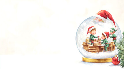 Watercolor Illustration of Santa Claus and Elves Inside a Snow Globe