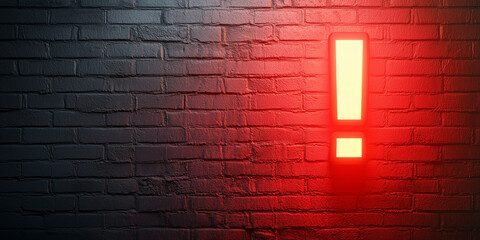 Luminous red exclamation mark on a brick wall backdrop. Colorful alert banner