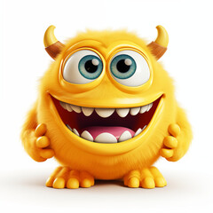 A cheerful yellow cartoon monster with big eyes smiles brightly in a playful setting