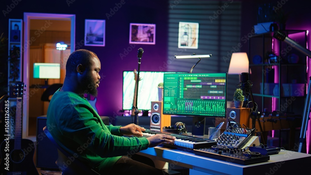 Fototapete Skilled music producer creating new songs on midi controller synthesizer, working with mixing console and professional software on pc. Artist using piano and mastering acoustical tunes. Camera B.