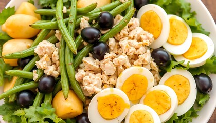A beautiful arrangement of blanched green beans, tender baby potatoes, flaked tuna, black olives, and quartered hard-boiled eggs.