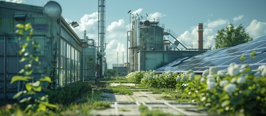 Fototapeta premium Sustainable industrial facility with advanced renewable energy technology and lush green landscaping integrated into an urban setting
